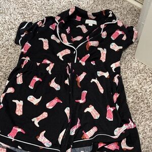 Black Pajama Set with Pink Boot Print